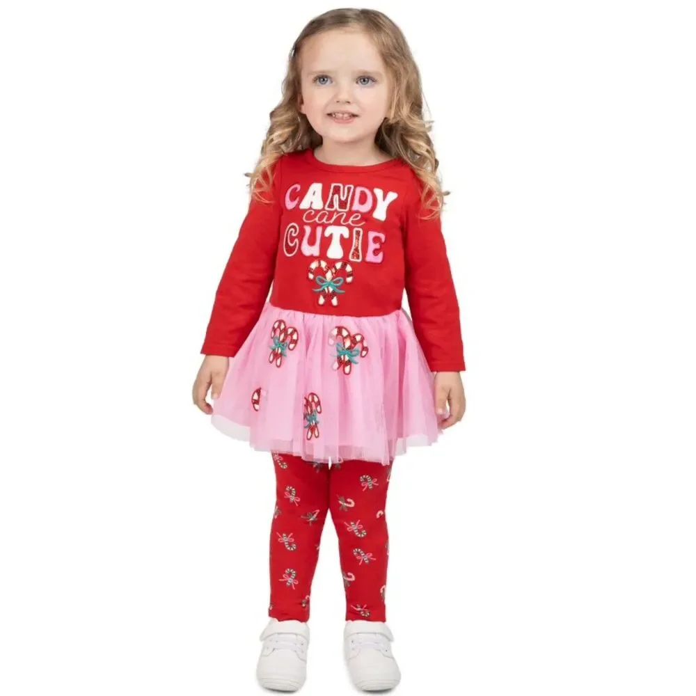 NEW Girls Sz 18 Months Sparkly CANDY CANE CUTIE Christmas Holiday 2 Pc Outfit